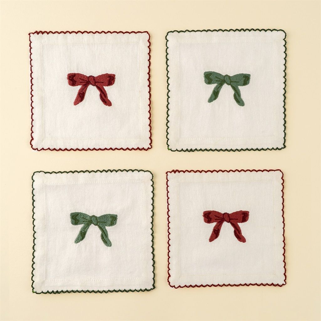 Embroidered Bow Cocktail Napkins S/4