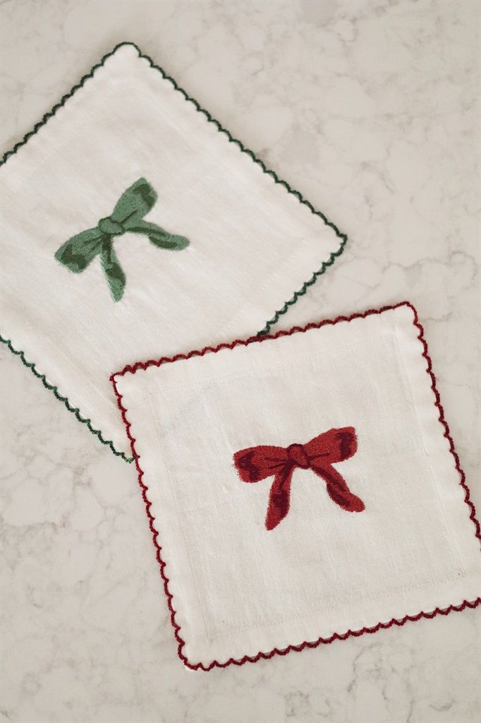 Embroidered Bow Cocktail Napkins S/4