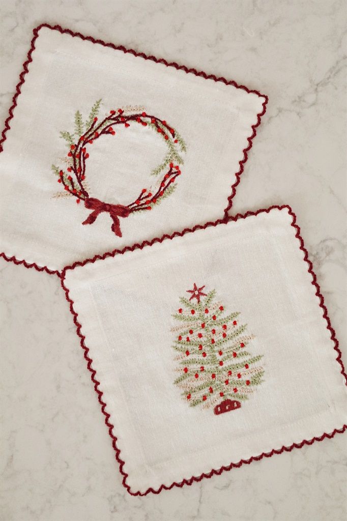 Embroidered Holiday Cocktail Napkins S/4