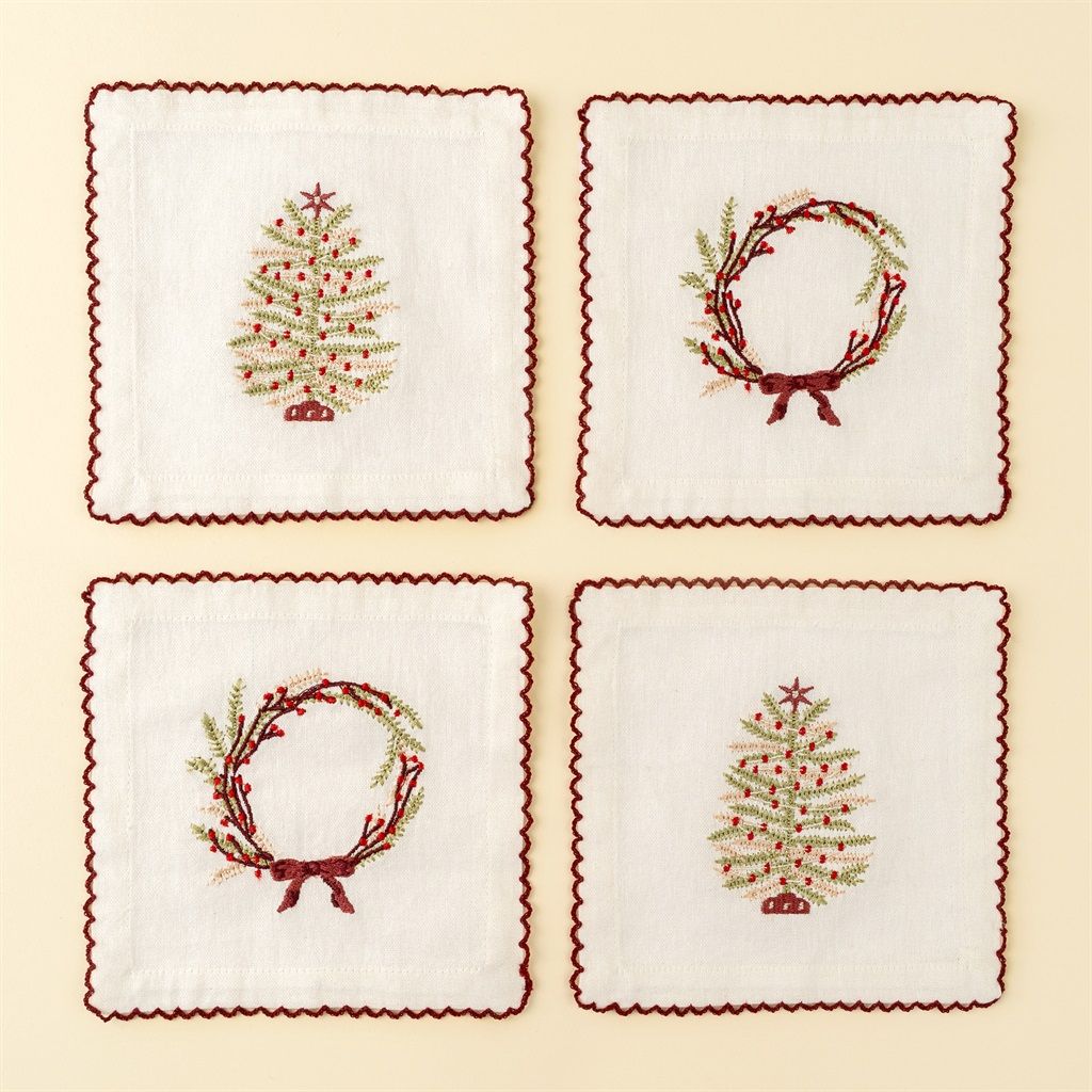 Embroidered Holiday Cocktail Napkins S/4