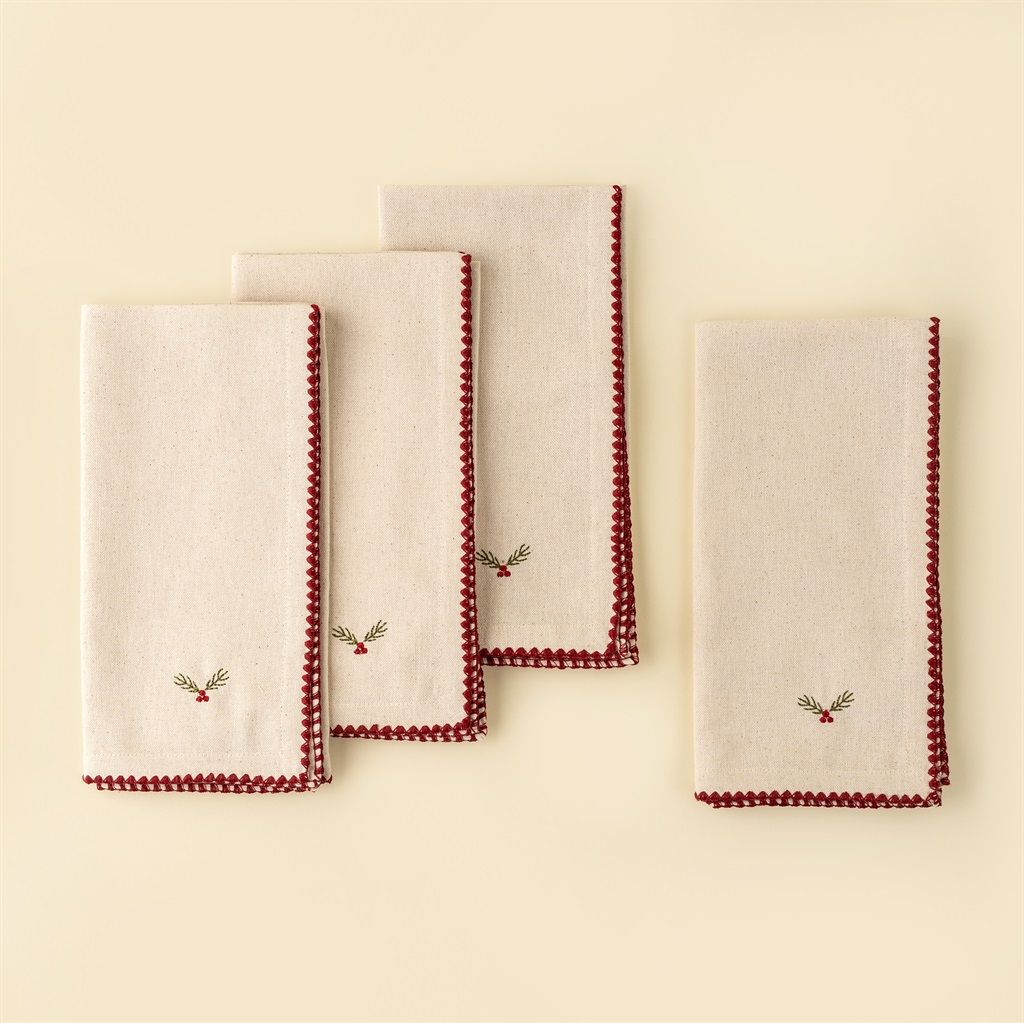 Holly Embroidered Napkins S/4
