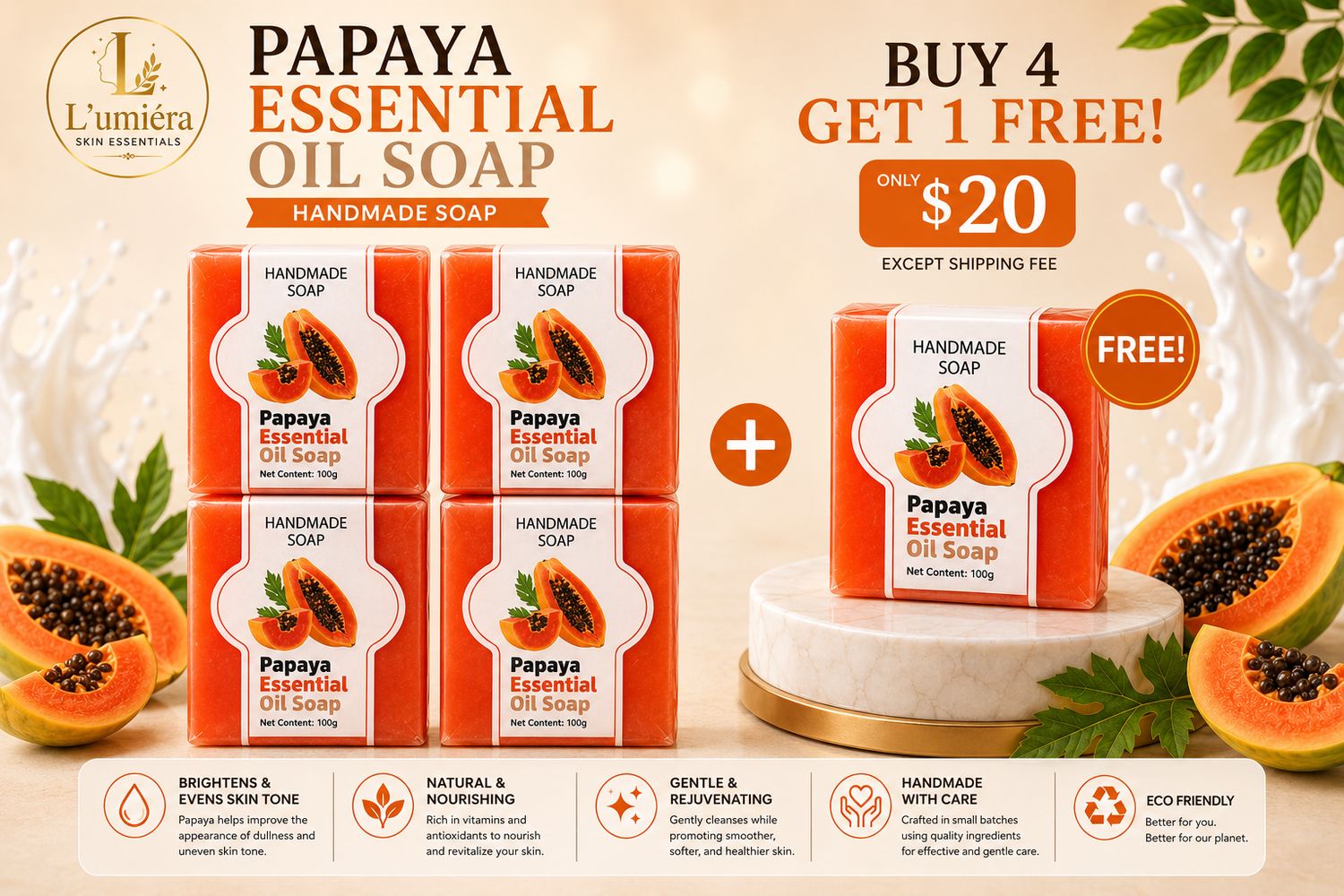 Buy 4 Get 1 Free Handmade Papaya Soap