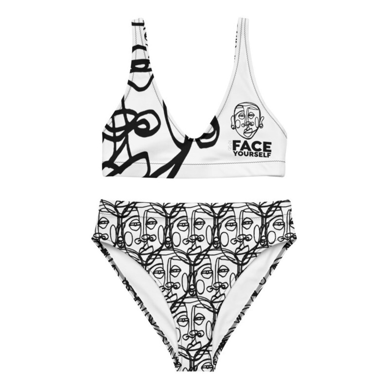&#39;Face Yourself&#39; high-waisted bikini Swimsuit (BLKnWHITE)