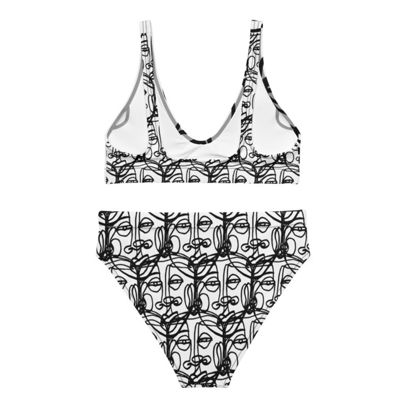 'Face Yourself' high-waisted bikini Swimsuit (BLKnWHITE)