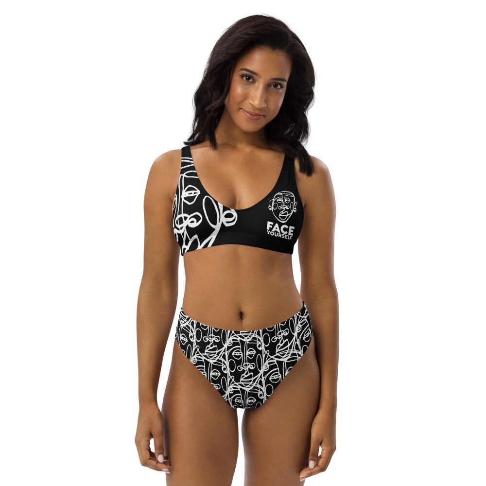 &#39;Face Yourself&#39; High-waisted Bikini Swimsuit (BLKnWhite 2), Size: XS