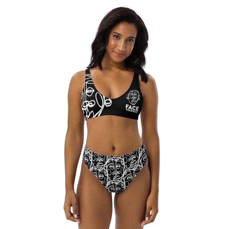 &#39;Face Yourself&#39; High-waisted Bikini Swimsuit (BLKnWhite 2)