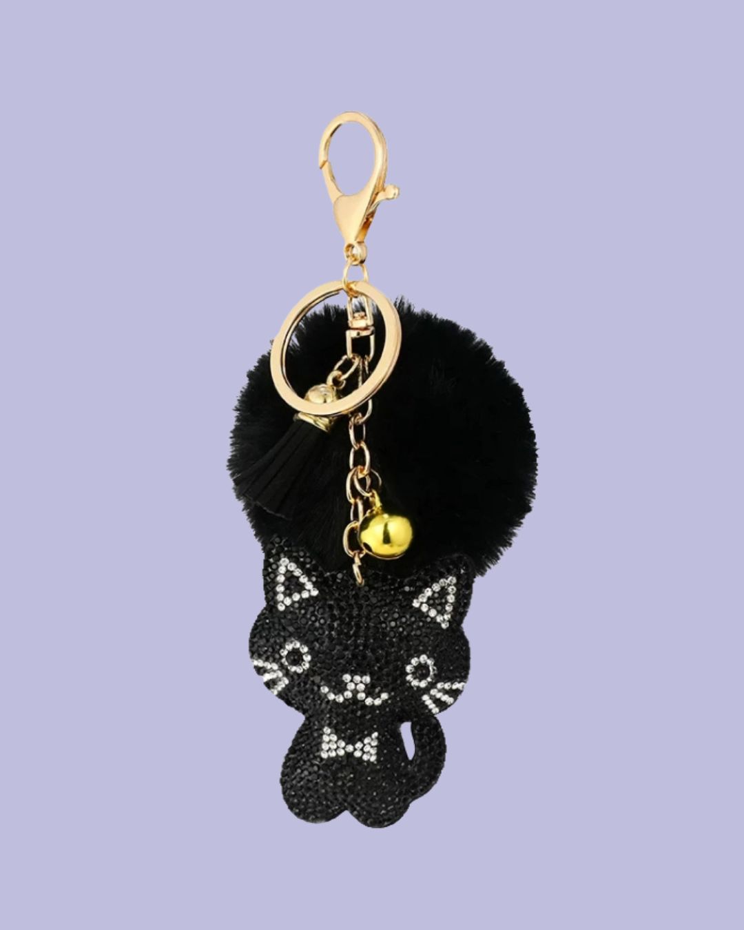 BLACK KITTY RHINESTONE KEY CHAIN W/POM POM