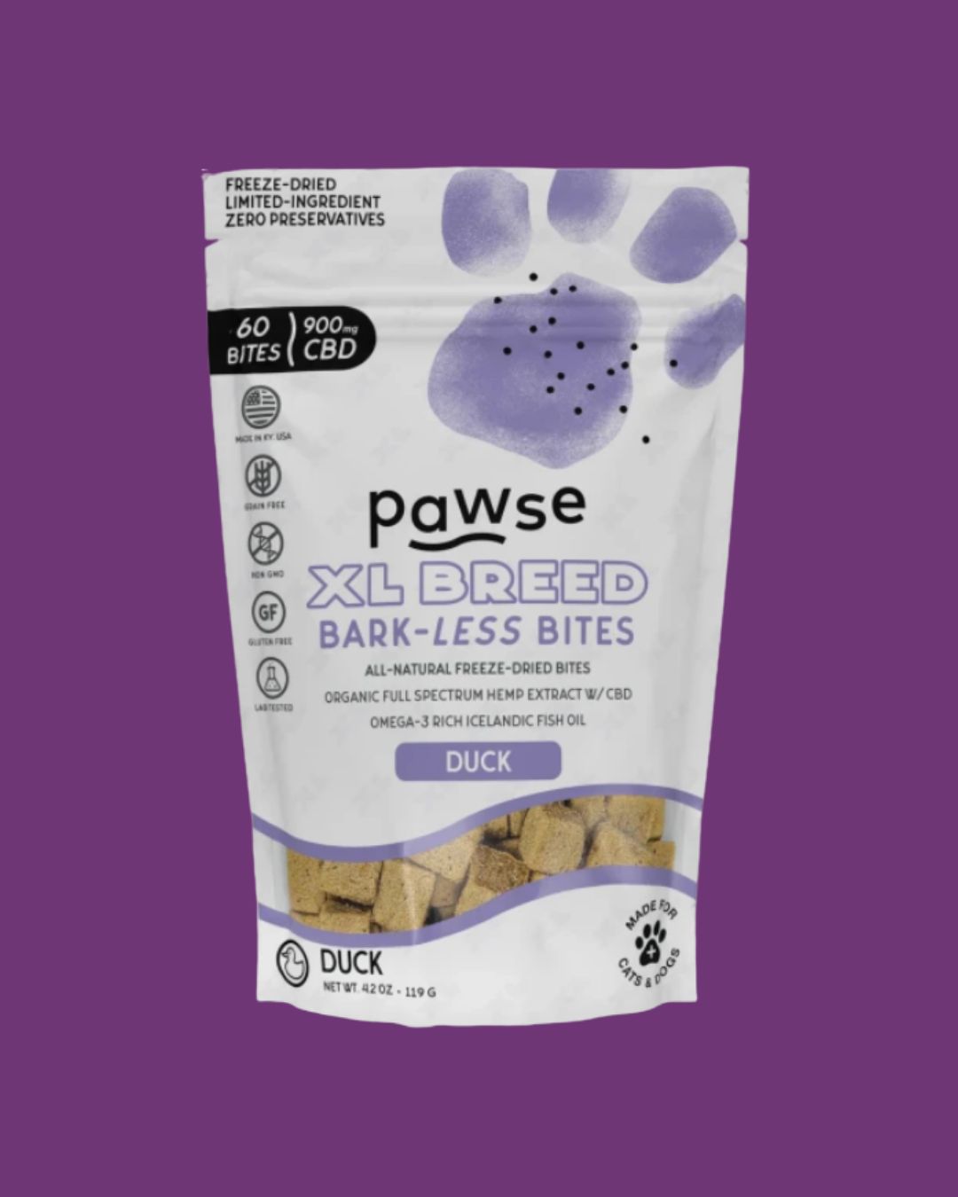 Pawse- Bark-Less XL Breed Duck CBD Treats 60ct