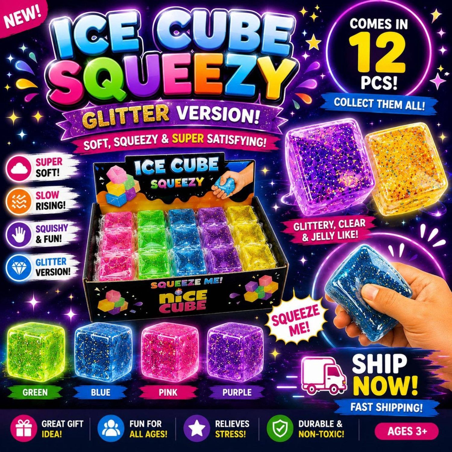 Ice Cube Squeezy Sugar Squishy – Glitter Sugar Edition