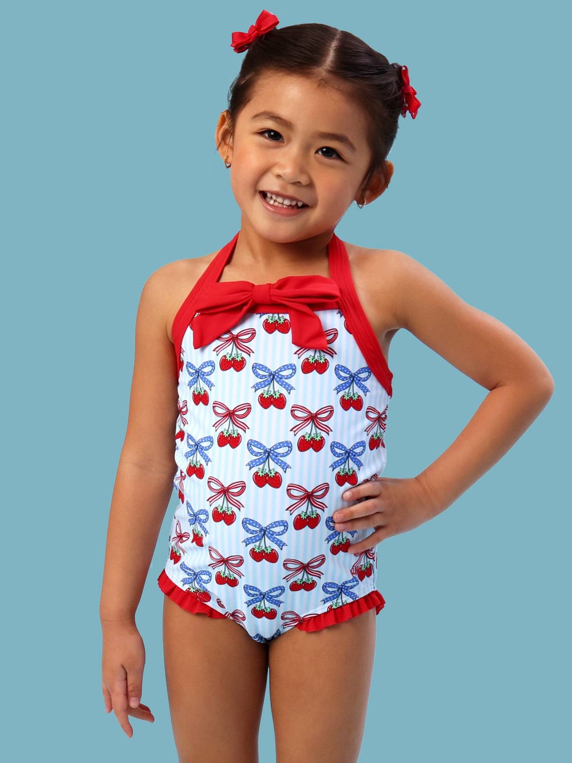 Girls Berries &amp; Bows Halter One Piece Swimsuit: Blue / 4T