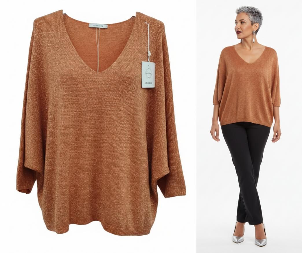 Blusa de Punto Fino con Escote en V y Manga Murciélago