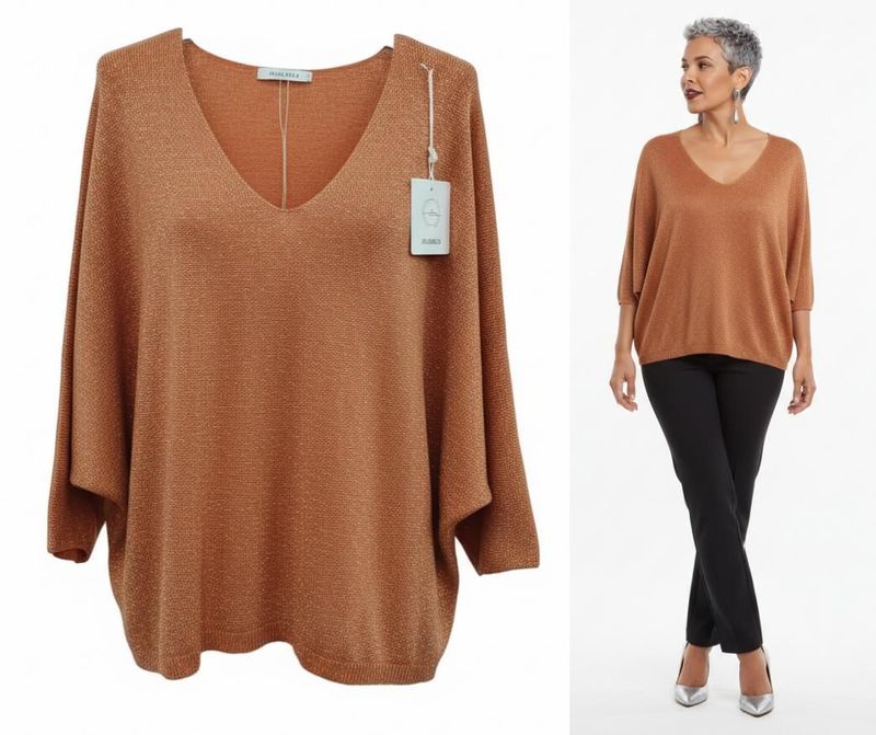 Blusa de Punto Fino con Escote en V y Manga Murciélago