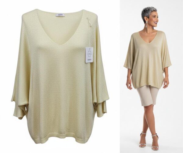 Blusa de Punto Fino con Escote en V y Manga Murciélago