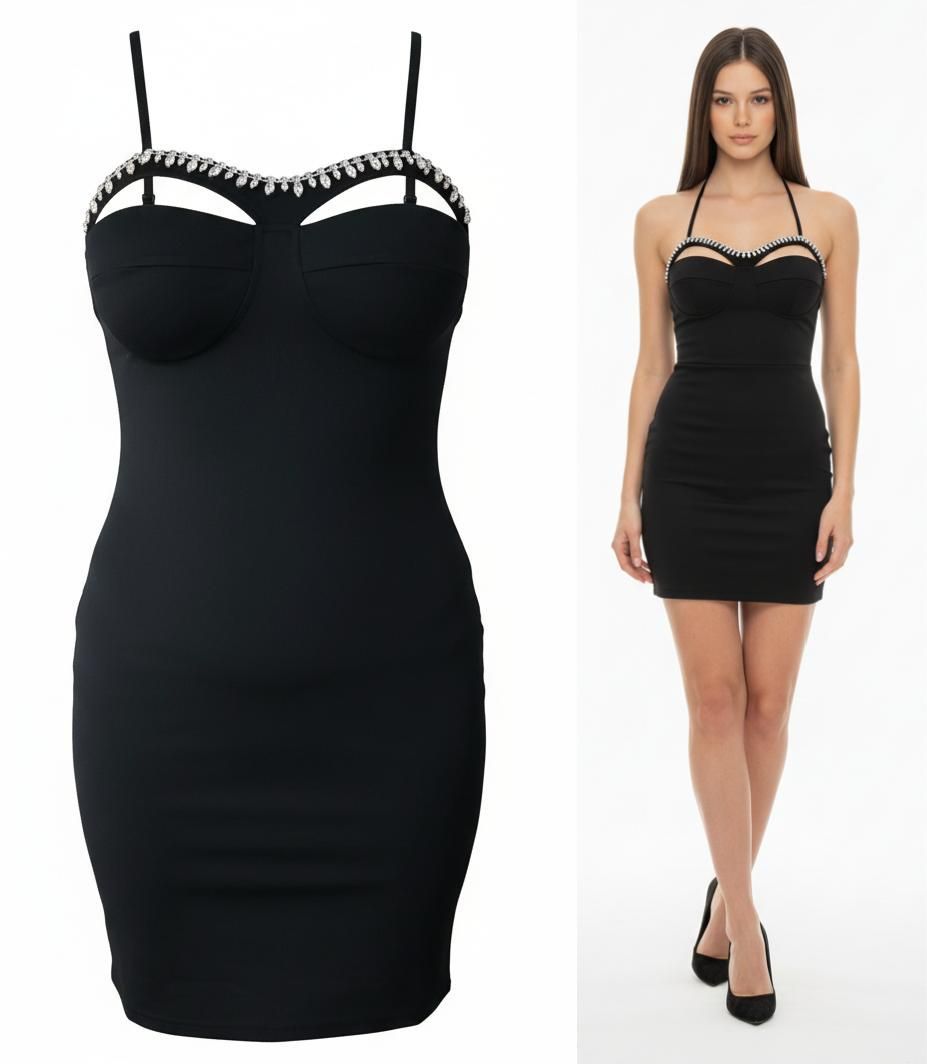 Vestido Mini con Escote Cut-Out y pedrería Glamour y Audacia