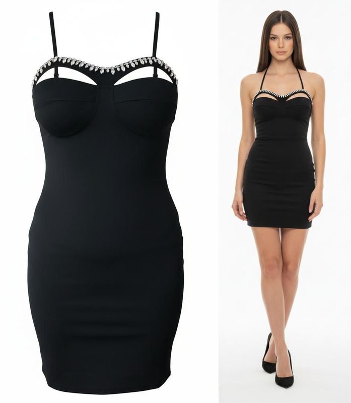 Vestido Mini con Escote Cut-Out y pedrería Glamour y Audacia