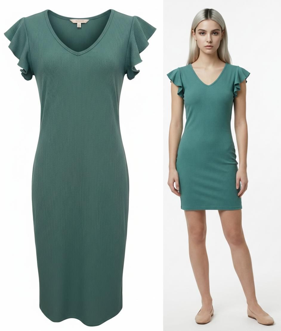 Vestido Acanalado con Mangas de Vuelo