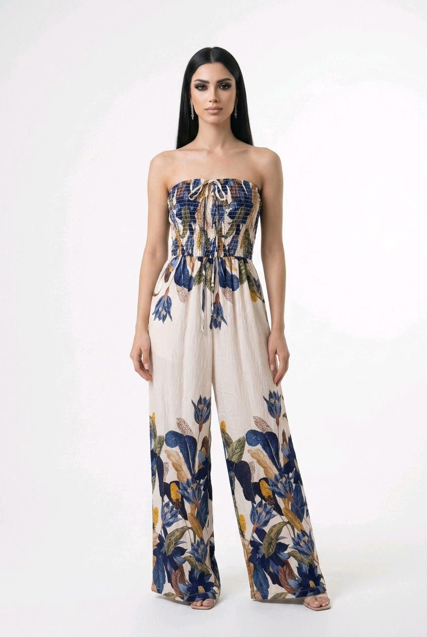 Mono Estampado Strapless con Busto Nido de Abeja