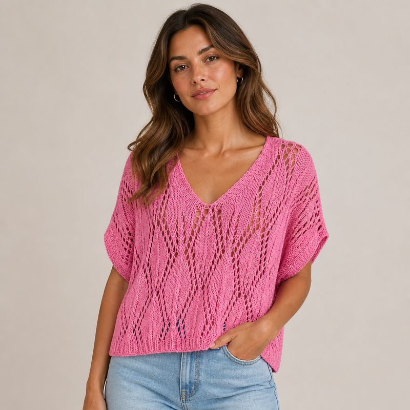 Blusa de Punto Calado con Cuello en V Blusa de Punto Calado con Cuello en V