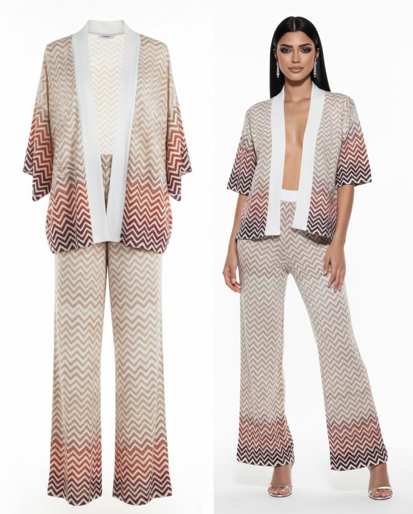 Conjunto Sunset Chevron de Cárdigan Abierto y Pantalón Fluido Conjunto Sunset Chevron de Cárdigan Abierto y Pantalón Fluido