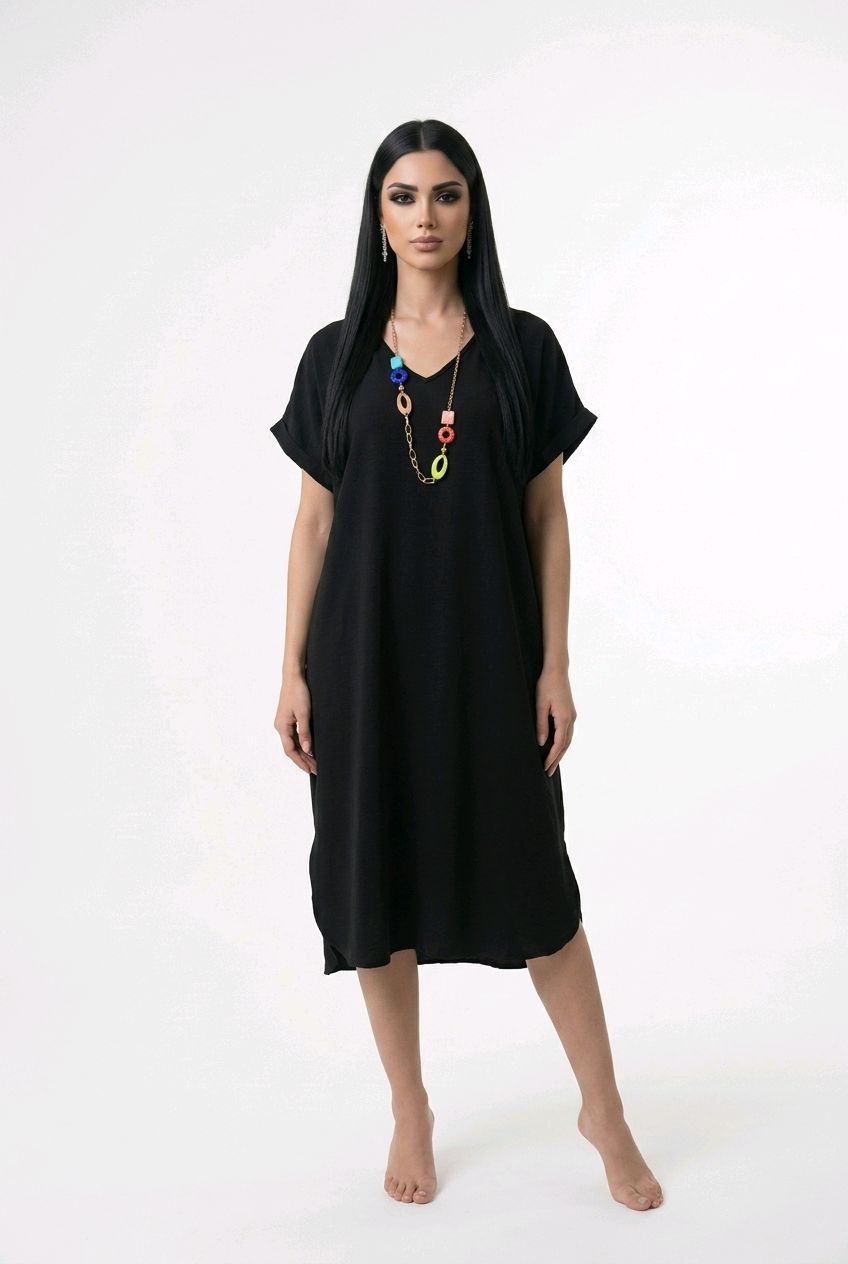 Vestido Tipo Túnica Holgado de Cuello en V con Bajo Asimétrico