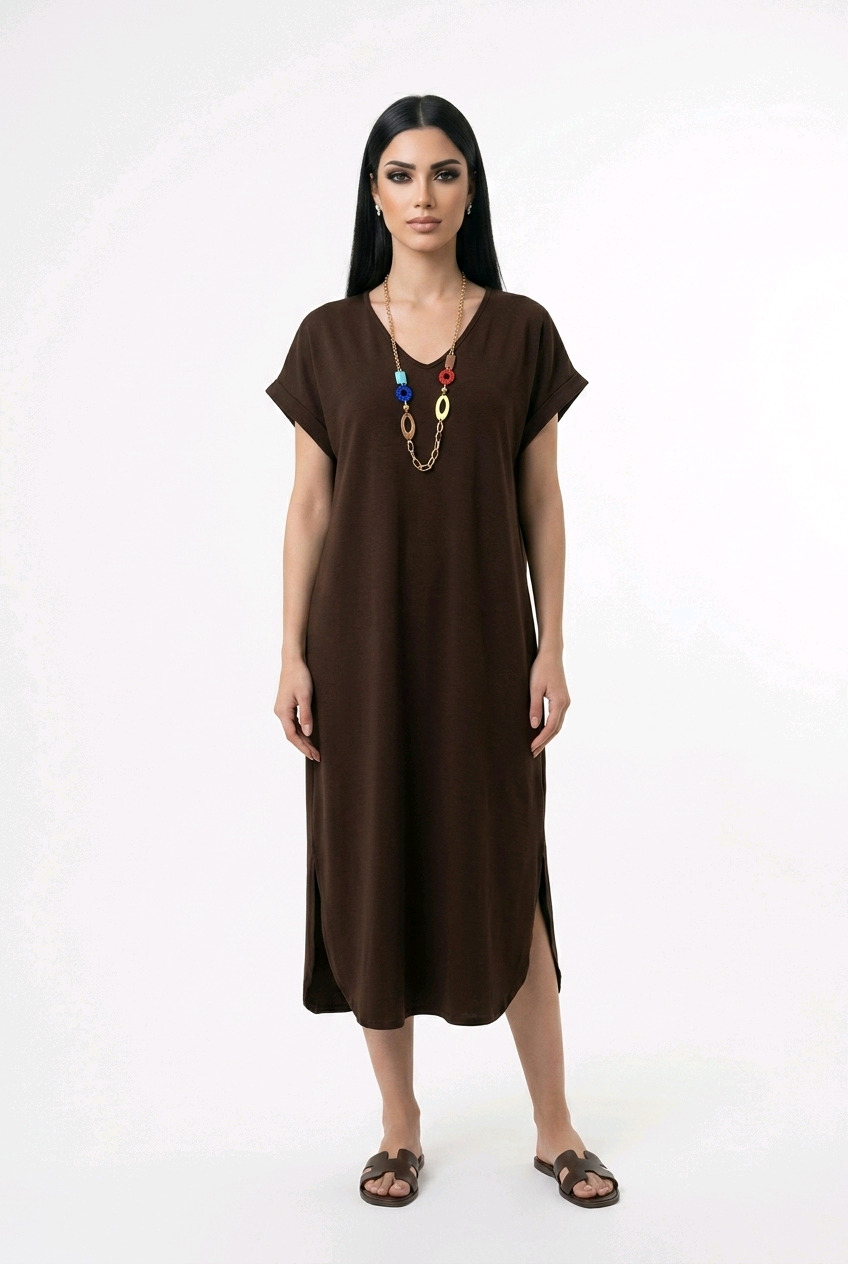 Vestido Tipo Túnica Holgado de Cuello en V con Bajo Asimétrico