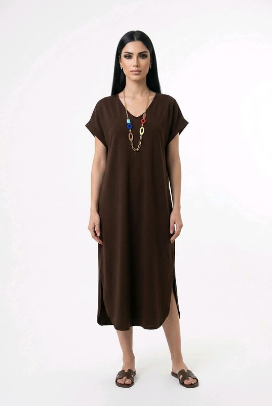 Vestido Tipo Túnica Holgado de Cuello en V con Bajo Asimétrico