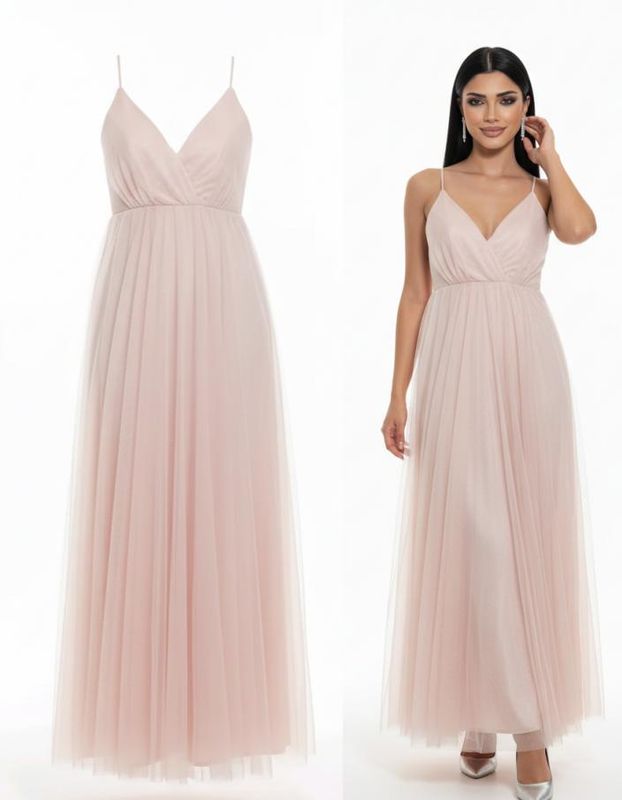 Vestido Largo Elegante con Escote Cruzado en V y Falda de Tul Vestido Largo Elegante con Escote Cruzado en V y Falda de Tul