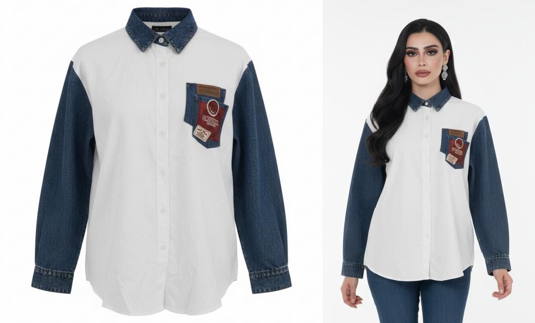 Camisa Combinada con Detalles Denim y Parches de Estilo Urbano