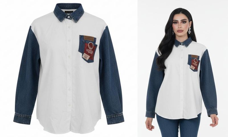 Camisa Combinada con Detalles Denim y Parches de Estilo Urbano