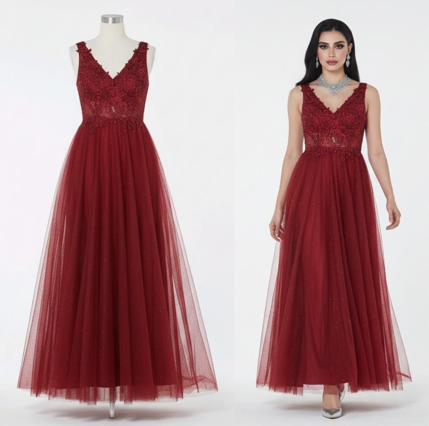 Vestido Largo de Fiesta en Tul con Encaje y Pedrería