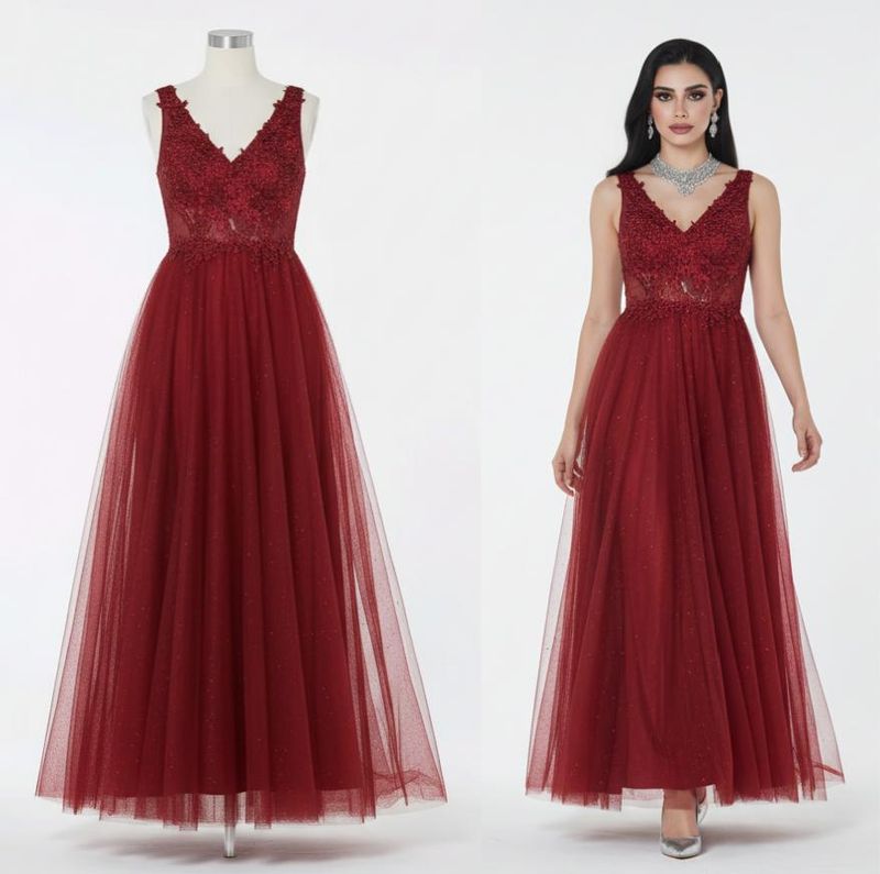 Vestido Largo de Fiesta en Tul con Encaje y Pedrería Vestido Largo de Fiesta en Tul con Encaje y Pedrería