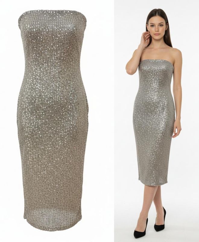 Vestido de Lentejuelas Strapless de Corte Midi Elegancia y Brillo para Fiestas Vestido de Lentejuelas Strapless de Corte Midi Elegancia y Brillo para Fiestas