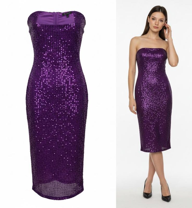 Vestido de Lentejuelas Strapless de Corte Midi Elegancia y Brillo para Fiestas