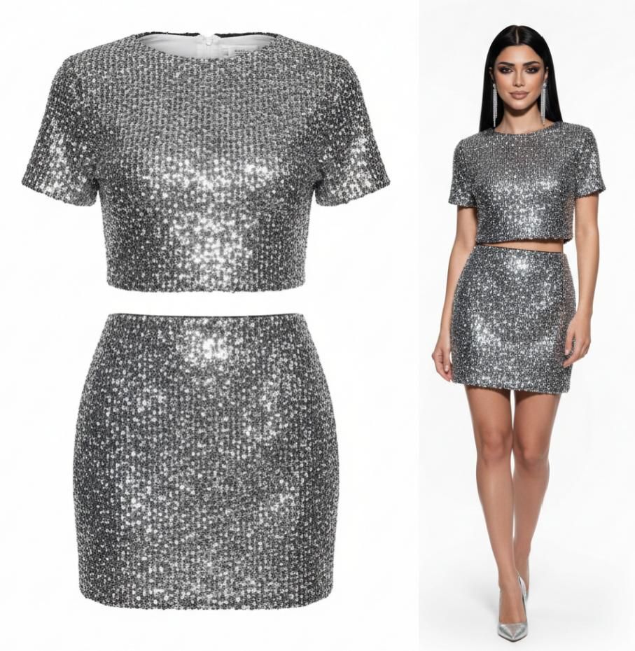 Conjunto de Dos Piezas de Lentejuelas con Top y Minifalda