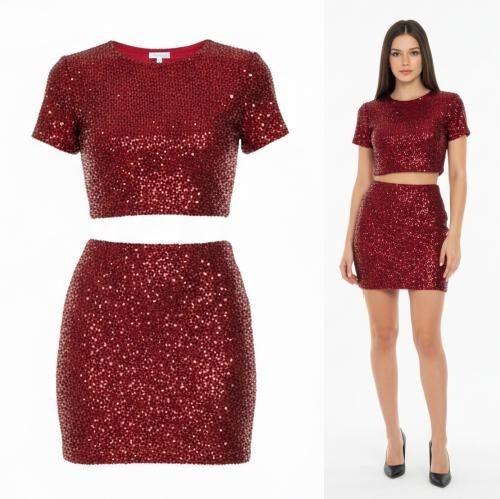 Conjunto de Dos Piezas de Lentejuelas con Top y Minifalda