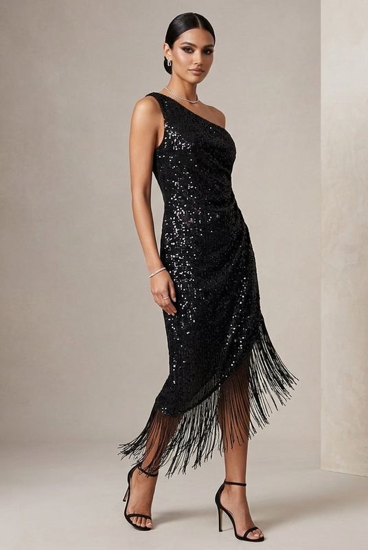 Vestido Asimétrico de Lentejuelas con Flecos Moda de Fiesta y Gala