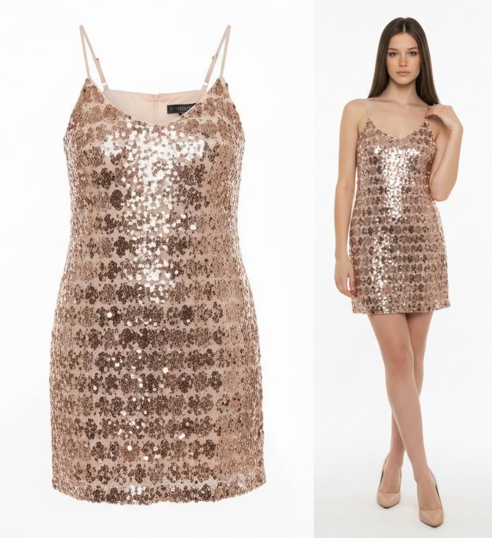 Vestido Corto de Lentejuelas con Tirantes Finos Moda Elegante de Fiestas Vestido Corto de Lentejuelas con Tirantes Finos Moda Elegante de Fiestas