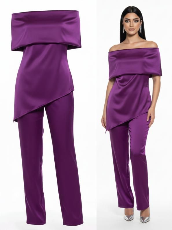 Conjunto Midnight Elegance de Dos Piezas con Escote Bardot y Acabado Satinado
