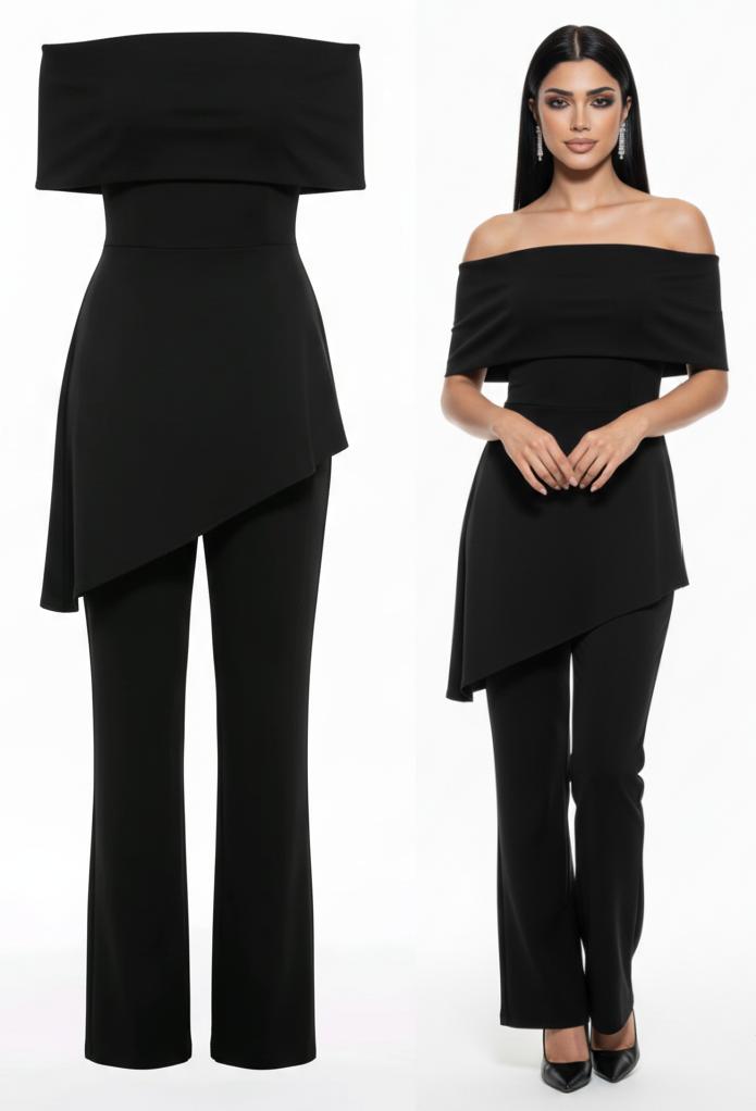 Conjunto Midnight Elegance de Dos Piezas con Escote Bardot y Acabado Satinado