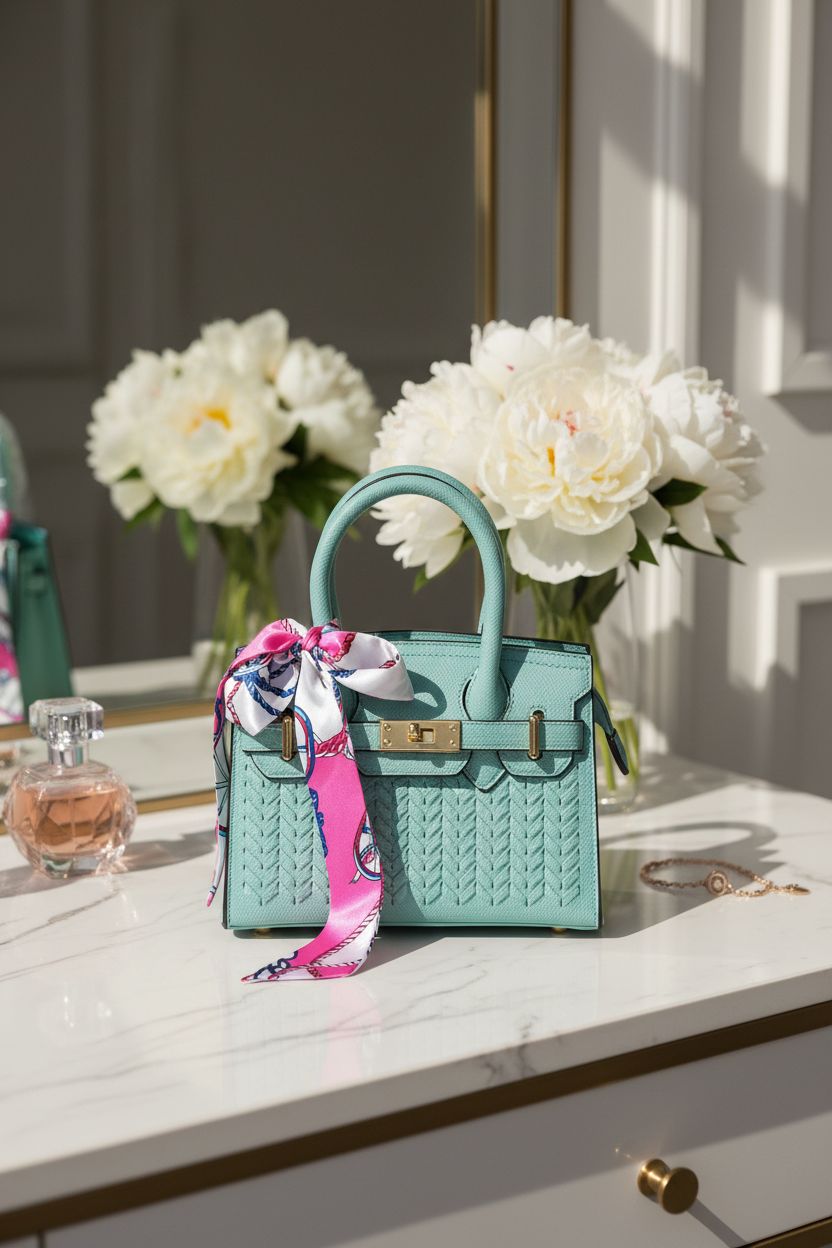 Bolso de Mano Elegante con Textura Trenzada y Detalle de Pañuelo