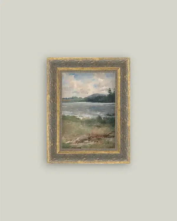 Lakeside Landscape Framed Antique Art: 6x8