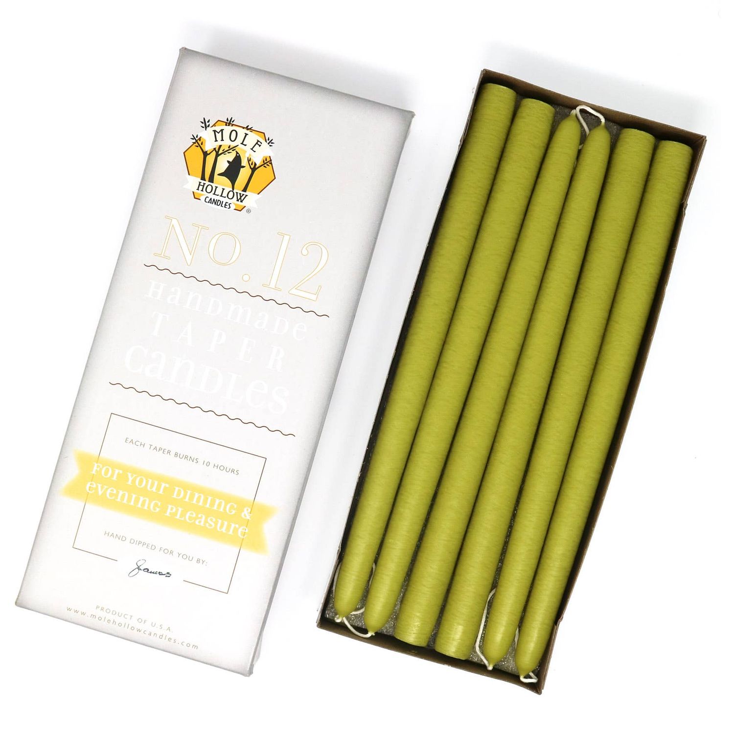 12" Hand Dipped Unscented Taper Candles - 39 Colors USA Made: Granny Smith Green