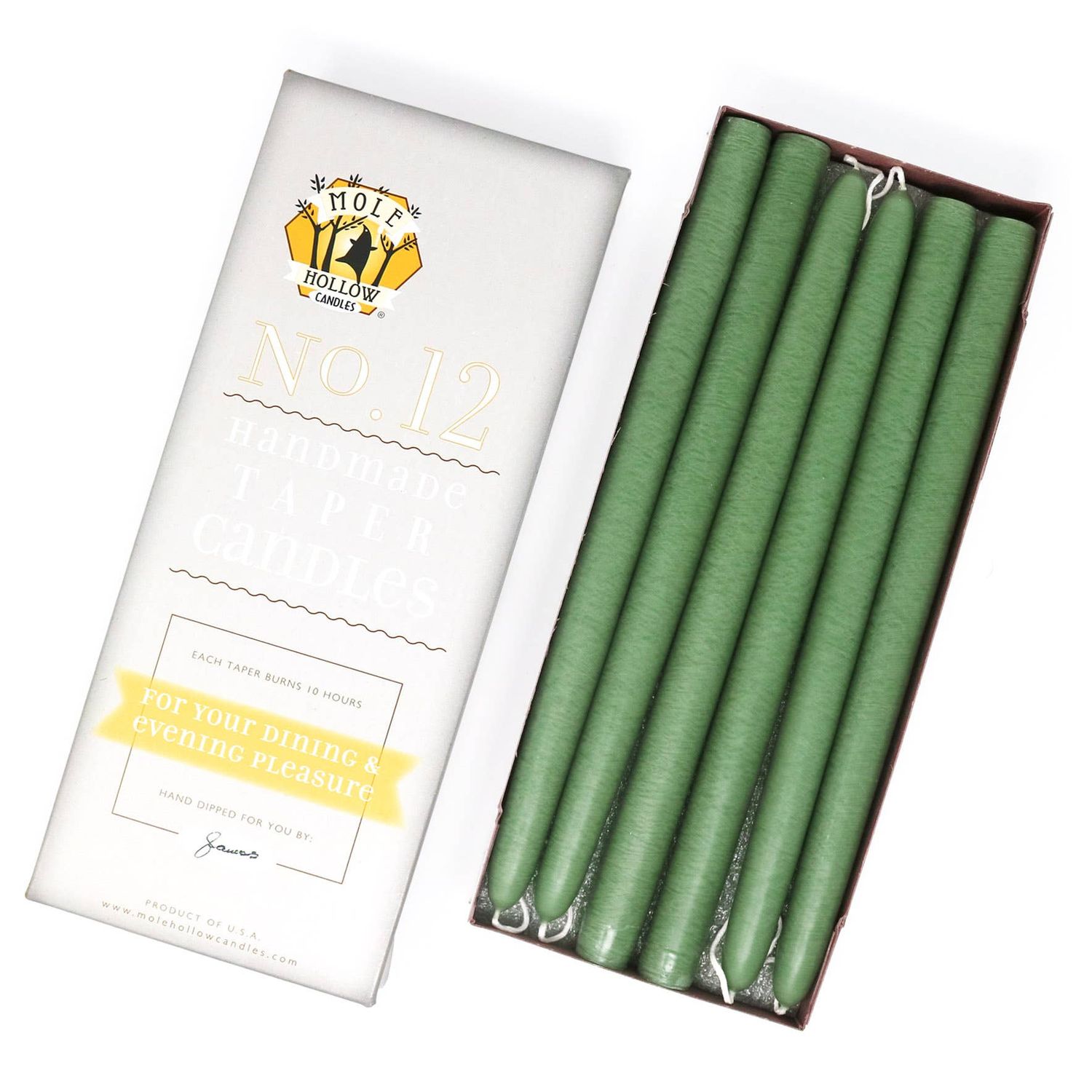 12" Hand Dipped Unscented Taper Candles - 39 Colors USA Made: Colonial Green