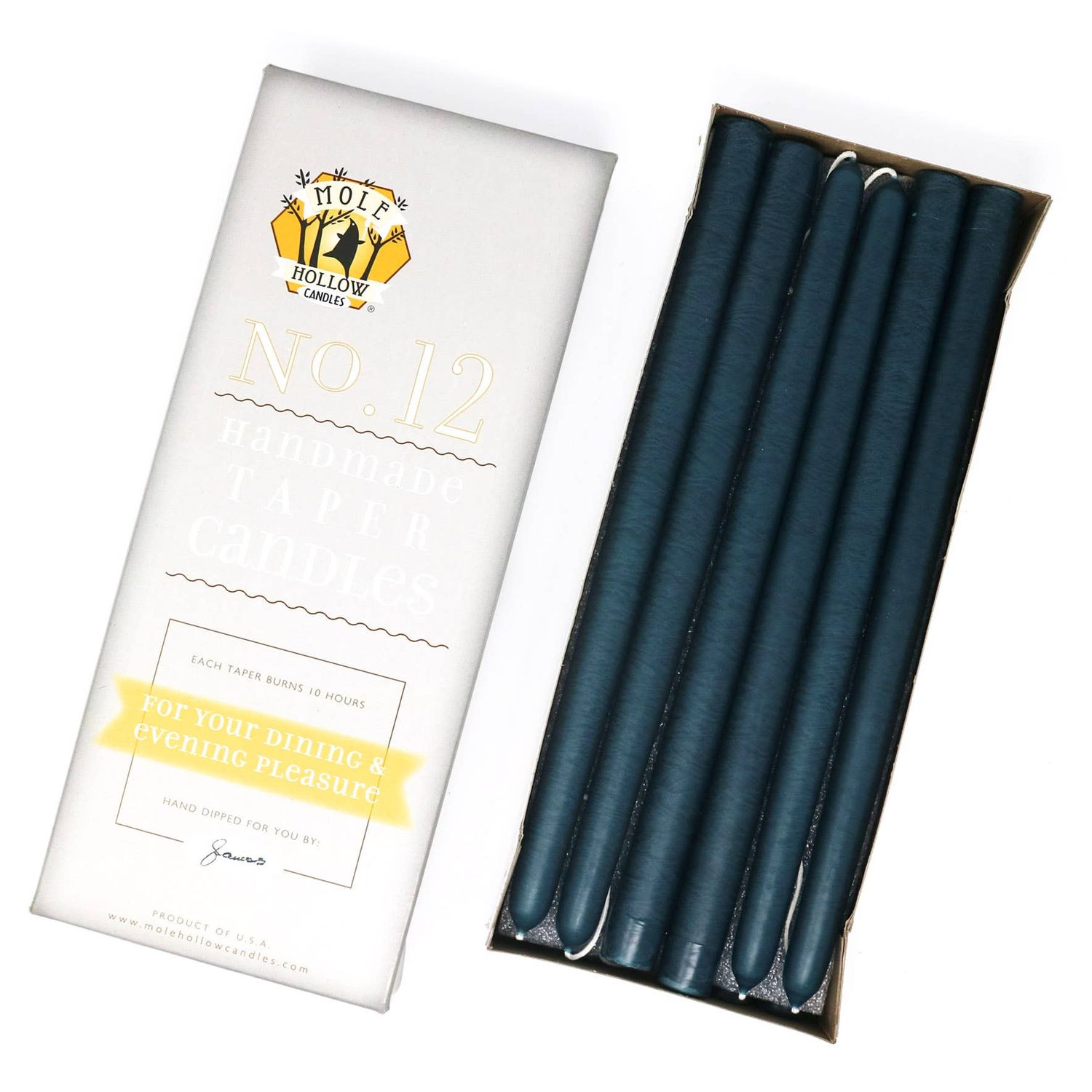 12" Hand Dipped Unscented Taper Candles - 39 Colors USA Made: Williamsburg Blue