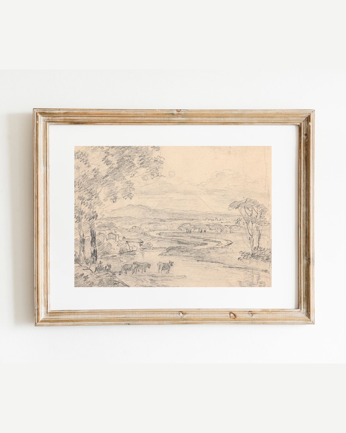 Country Landscape with Cattle Antique Art Print: 8x10 in Barn Wood  Frame