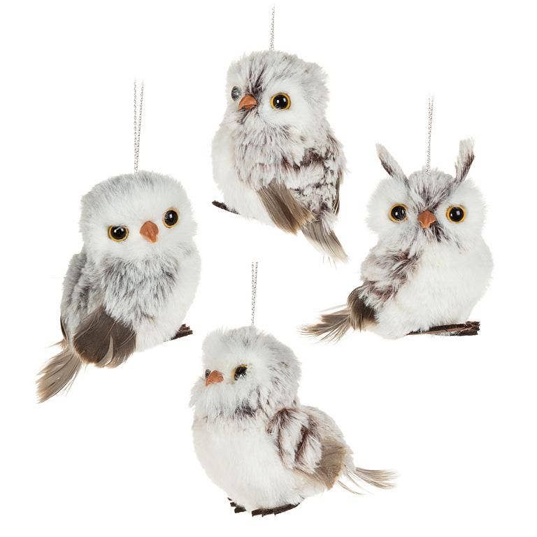 Small Fluffy Owl Ornament-4 Assorted-3"H