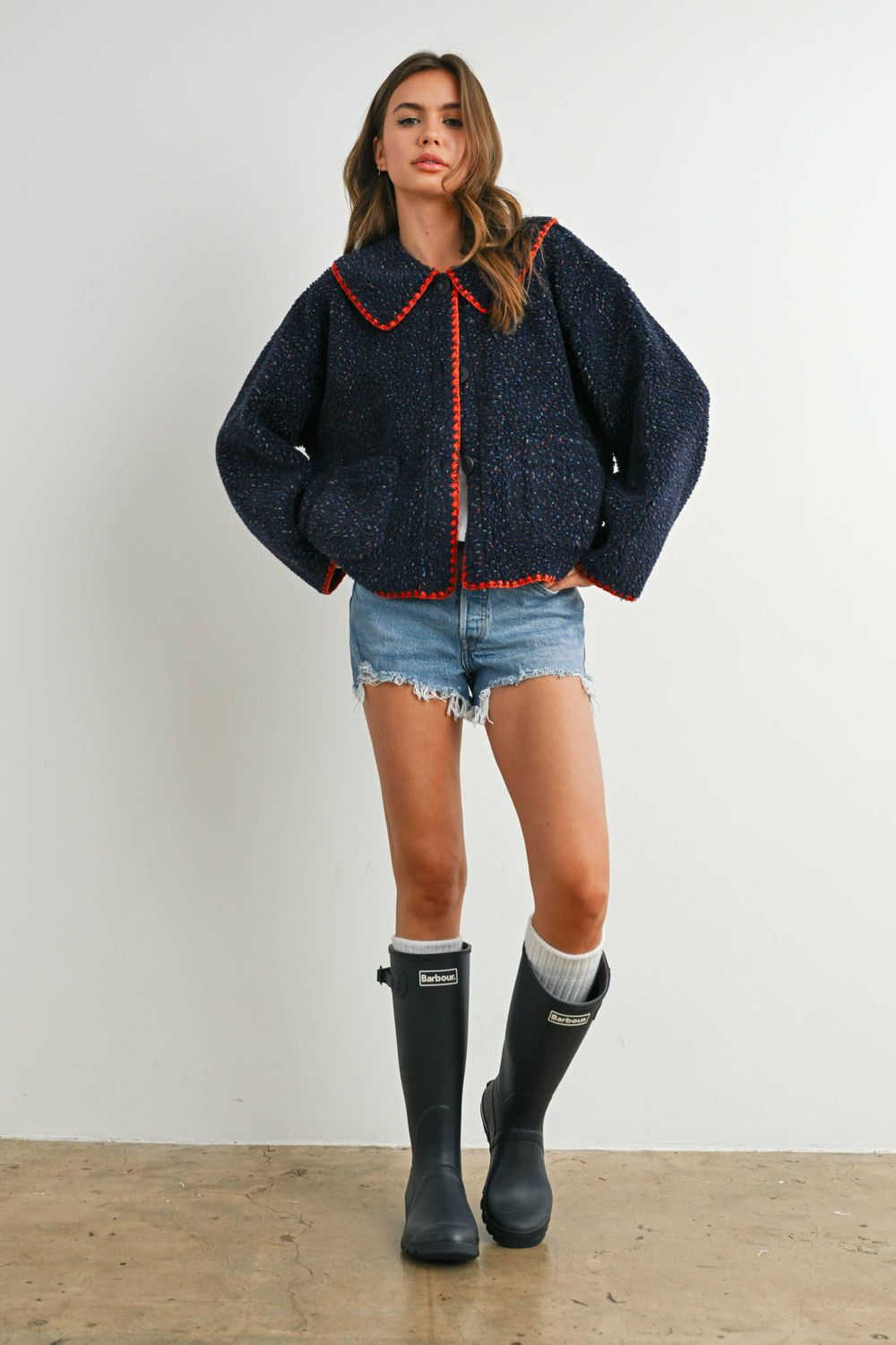 Buttoned Fleece Puffer Jacket - BMJ7848: NAVY MULTI / M