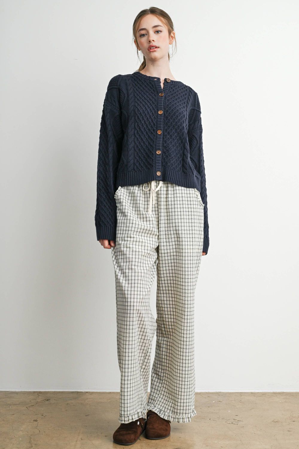 Navy Green Cable Knit Cardigan-BMC8500: NAVY / M