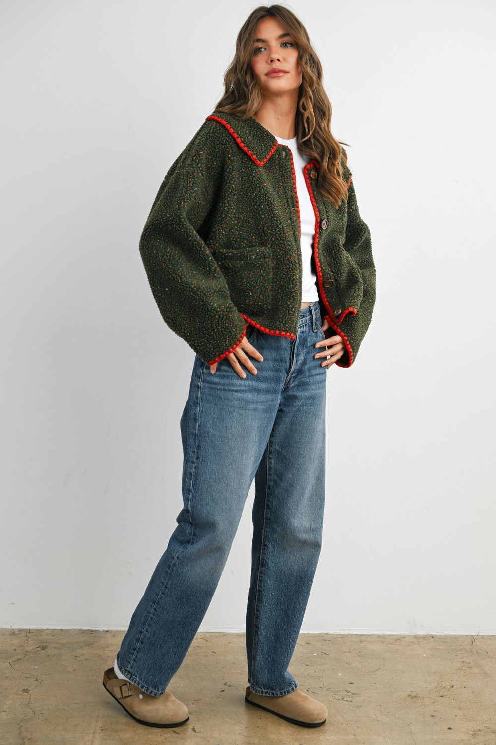 Buttoned Fleece Puffer Jacket - BMJ7848: OLIVE MULTI / M