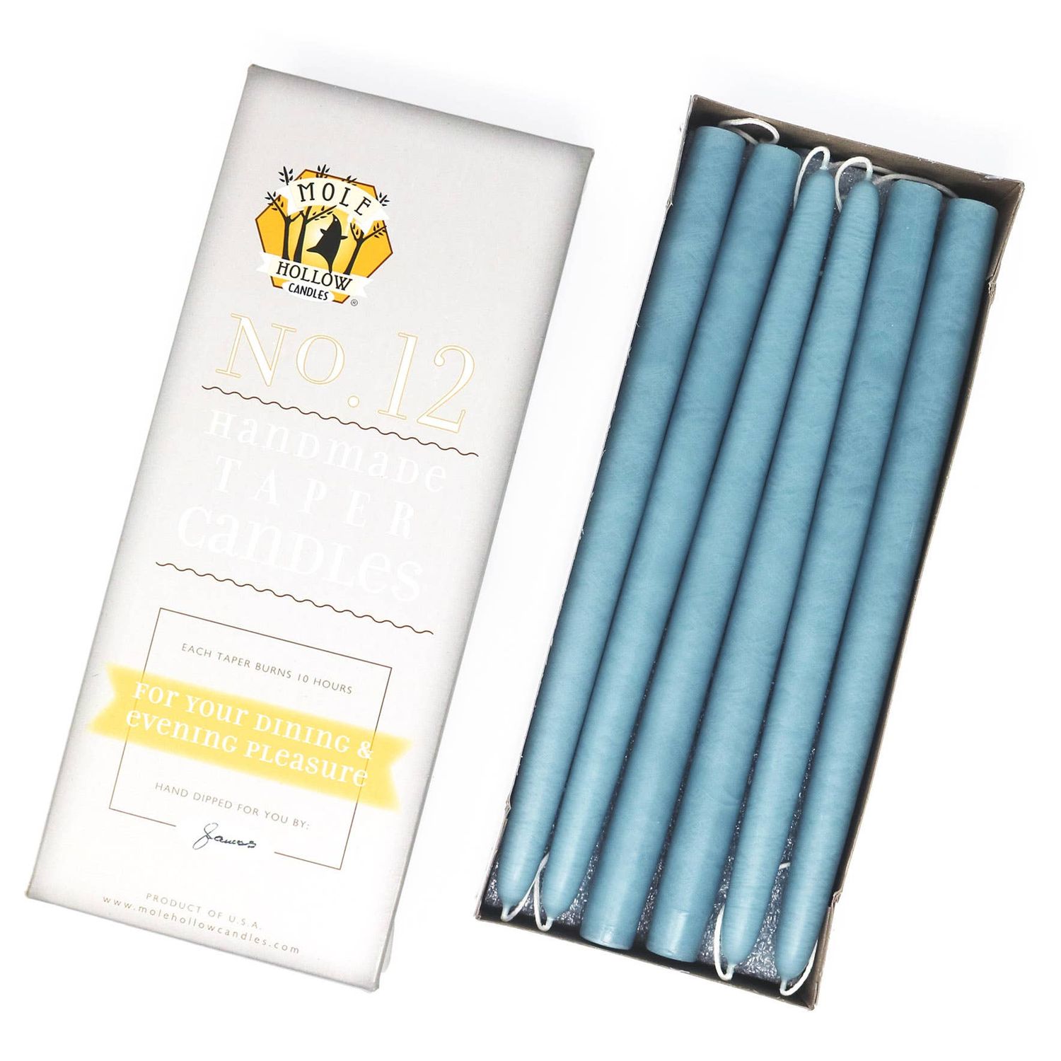 12" Hand Dipped Unscented Taper Candles - 39 Colors USA Made: Dusty Blue